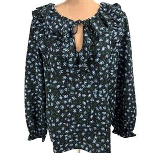 LOFT‎ Floral Top Womens XL Ruffle Tie Neck Blouse Cottage Office Stretchy